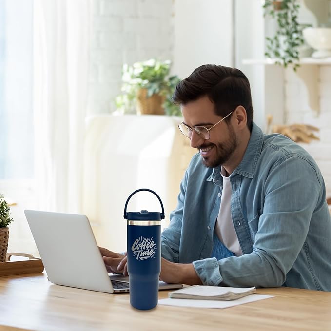 30 oz Tumbler Bulk with Top Handle, Double Wall Vacuum Insulated Tumbler with Flip Straw, Travel Coffee Mug 30oz Powder Coated Cup for Laser Engraving (Navy,8 pack)