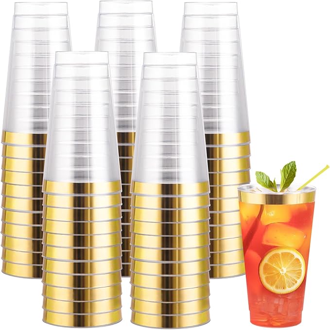I00000 16 oz Gold Plastic Cups, 50 Pack Clear Plastic Cups Tumblers Gold Rimmed Disposable Cup, Heavy-duty Disposable Cup Perfect for Halloween, Thanksgiving and Christmas Parties - Bloomnest
