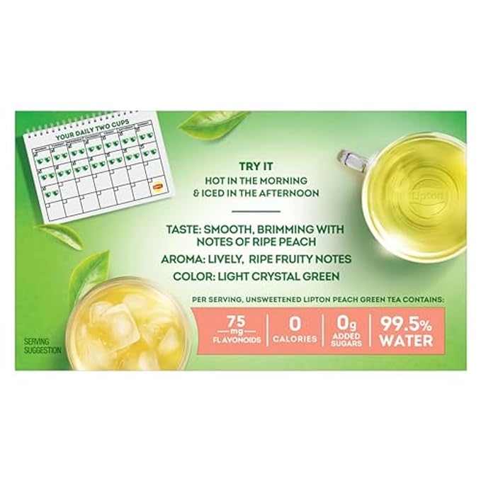 Lipton Peach Green Tea Bags, Flavored, Unsweetened Teabags for Hot Tea or Peach Iced Tea with Caffeine and Flavonoids, 120 Total Tea Bags (20ct - Pack of 6) - Bloomnest