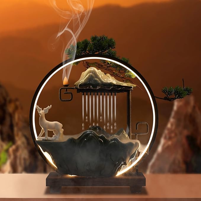 Tabletop Water Fountain, Indoor Waterfall with Round LED Light & Ceramic Elks, Mist Maker and Incense Holder for Home Office Decor - Bloomnest