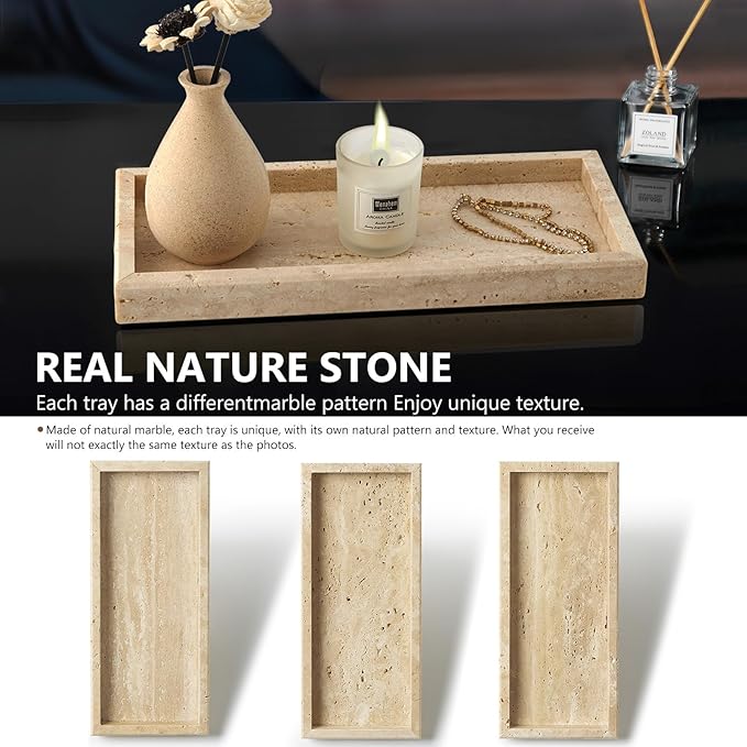 Real Natural Small Marble Tray for Bathroom, Vanity, Kitchen and Desktop, Rectangle Genuine Marble Stone Tray for Jewelry, Cosmetics, Candles, Lotion, Perfume and Home Decor