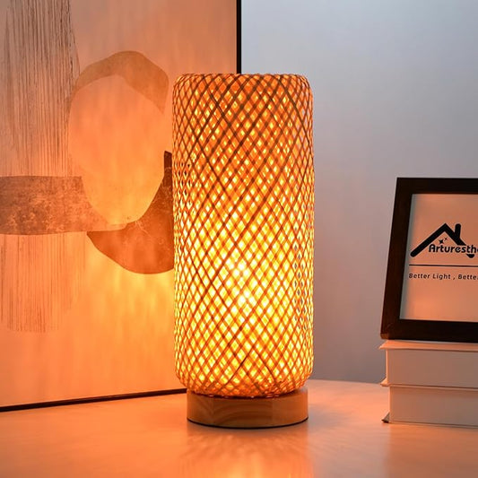 Arturesthome Bamboo Table Lamps with Shade, Rustic Farmhouse Boho Coastal Desk Lamp Night Light for Decorative Bedroom, Study Room, Cafe, Bookcase