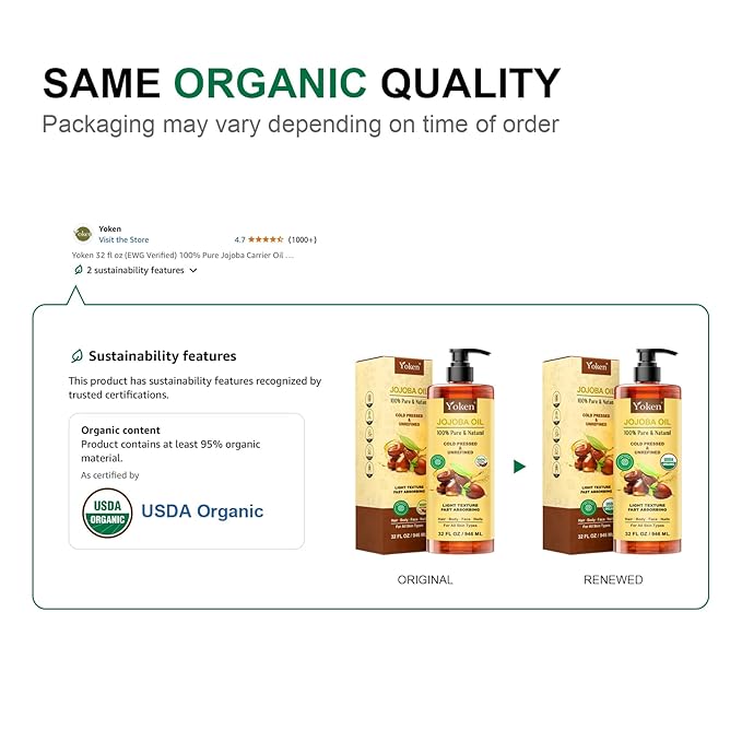 32 fl oz (EWG Verified) 100% Pure Jojoba Carrier Oil - Unrefined, Hexane-Free, Cold Pressed for Skin, Face, Hair, Nails, and Massage - Bloomnest