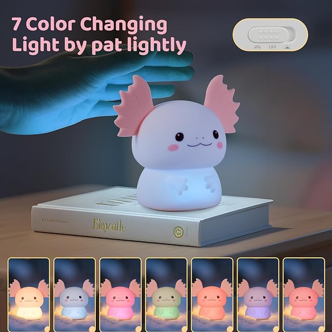 Axolotl Night Light for Kids, Rechargeable LED Silicone Lamp with 7 Colors Changing, Adjustable Brightness, Touch Control, Cute Room Decor, Bedside Nightlight, Birthday Gifts for Boys and Girls - Bloomnest