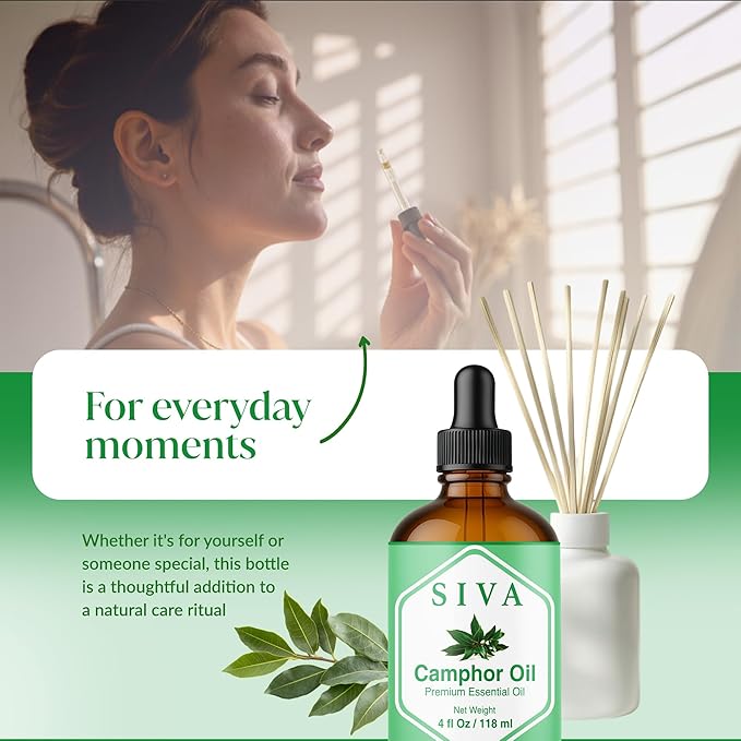 Siva Camphor Essential Oil - 4 Fl Oz – 100% Natural Camphor Oil - for Diffuser, Face, Skin Care, Aromatherapy, Hair Care, Scalp and Body Massage - with Dropper - Bloomnest