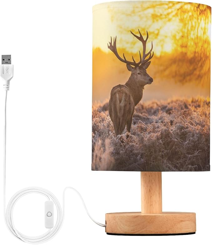 Table Lamp Red Deer Antler in Sunset Woodland Forest Nightstand Lamp with Wood Base Fabric Lamp Shade Bedside Desk Lamp for Living Room Bedroom Kids Room Office - Bloomnest