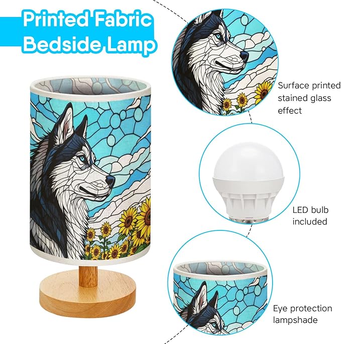Siberian Husky Table Lamp LED 3-Color Pressed Bedside, Dog Shade Lamp with Wood Base for Bedroom Living Room Desk Office - Bloomnest