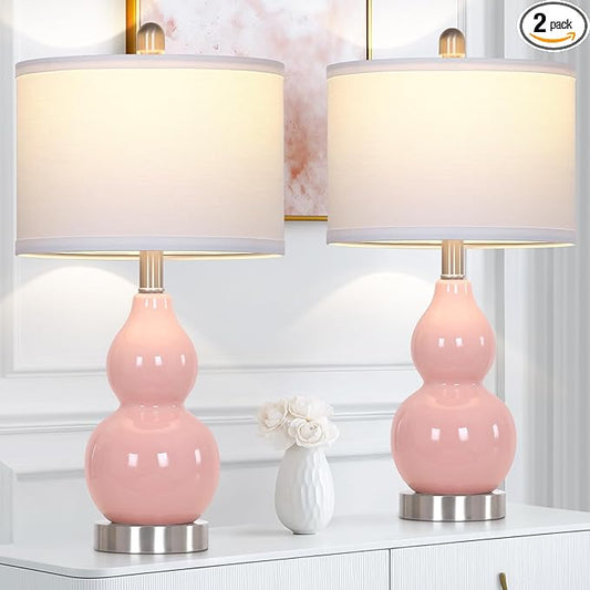 22" Double Gourd Ceramic Table Lamps Set of 2, Pink Modern Bedside Lamps for Living Room, Contemporary Nightstand Desk Lamps for Bedroom End Table Home Office Decor(2 LED Bulbs Included) - Bloomnest