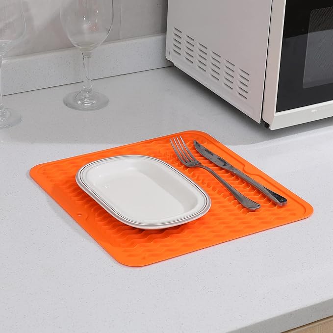 Silicone Dish Drying Mat for Multiple Usage,Easy clean,Eco-friendly,Heat-resistant Silicone Mat for Kitchen Counter or Sink,Refrigerator or Drawer liner Orange M 12 inches x 12 inches - Bloomnest