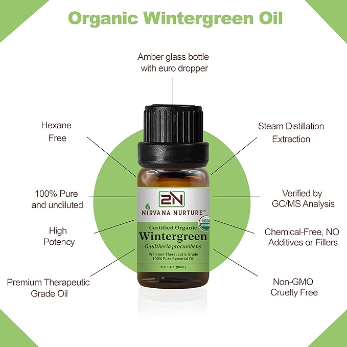 Wintergreen Essential Oil, USDA Certified Organic, 100% Pure Undiluted, Aromatherapy Oil for Diffuser, Hair & Skin Care NirvanaNurture