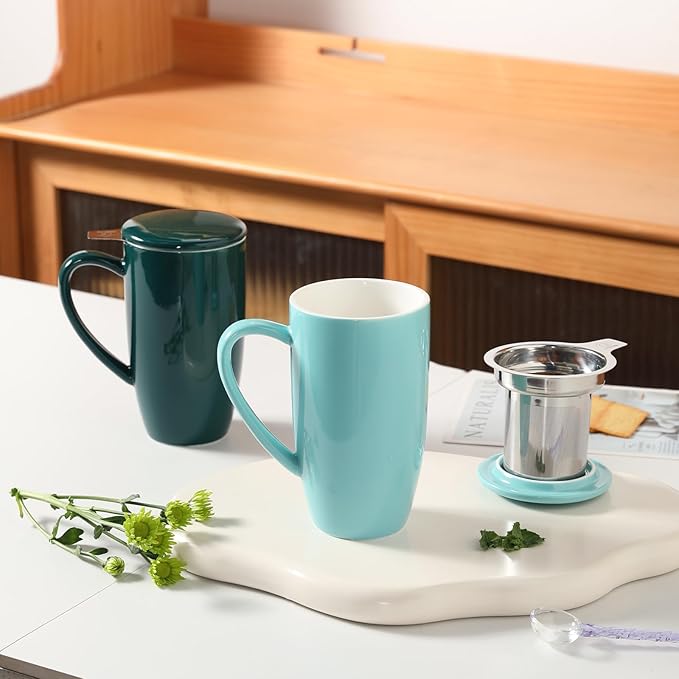 Sweejar Porcelain Tea Infuser Mug with Lid, 20 oz Teacup with Strainers for Loose Leaf Tea, Microwave and Dishwasher Safe Coffee Mug(Turquoise) - Bloomnest