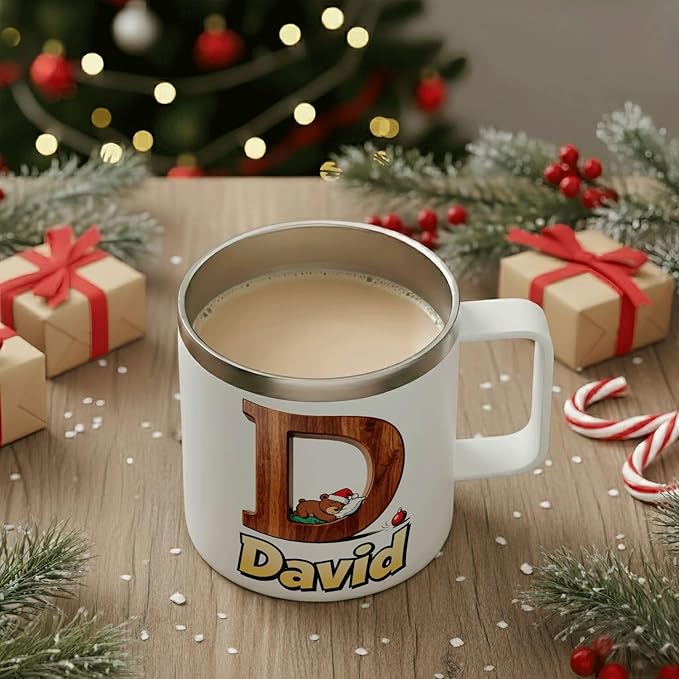 JugJug Personalized Christmas Mug with Initial & Name - Cute Sleeping Bear 12oz Insulated Coffee Cup w/Lid - Xmas Gifts for Kids, Boys, Girls (B175) - Bloomnest
