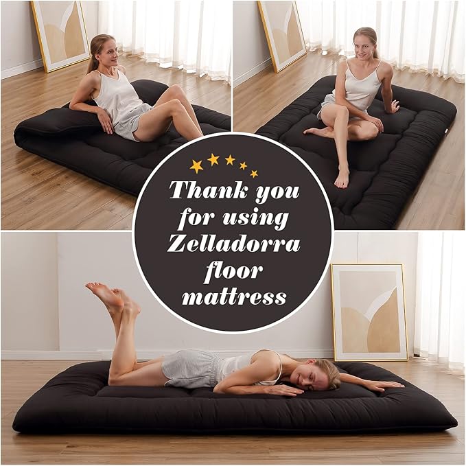 Japanese Floor Mattress, Futon Mattress with Portable Storage Bag and Washable Cover, Roll Up Thick Tatami Mat Suitable for Camping, Guest Room, Black, Twin - Bloomnest
