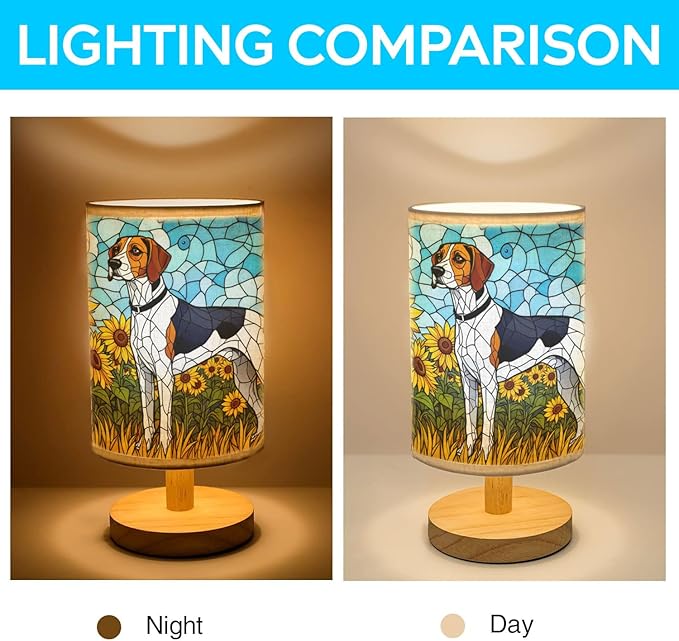 Treeing Walker Coonhound Table Lamp LED 3-Color Pressed Bedside, Dog Shade Lamp with Wood Base for Bedroom Living Room Desk Office - Bloomnest