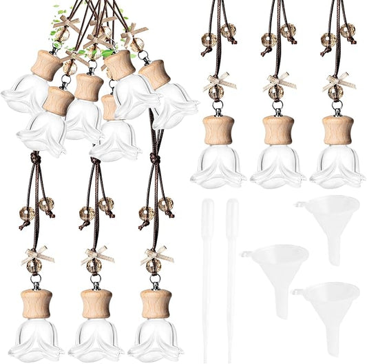 6 Pack Leak-Proof Hanging Car Diffuser - 8ml Refillable Empty Bottles with Wood Caps, 3 Funnels & 2 Droppers - Essential Oil Air Freshener for Car, Home or Office (6, Rose) - Bloomnest