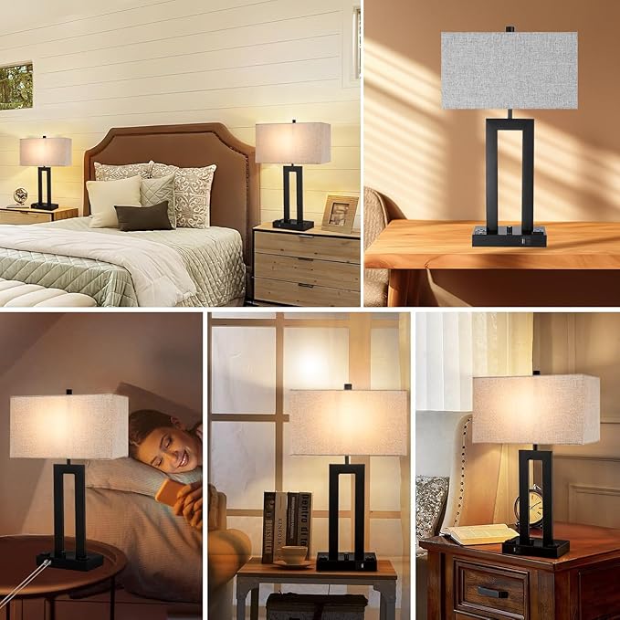 Modern Table Lamps Set of 2-22" Tall Bedside Lamps with USB-C/USB-A Charge Ports & Outlet, Stepless Dimmable Fabric Gray Shade Nightstand Lamps for Bedroom & Living Room - Bloomnest