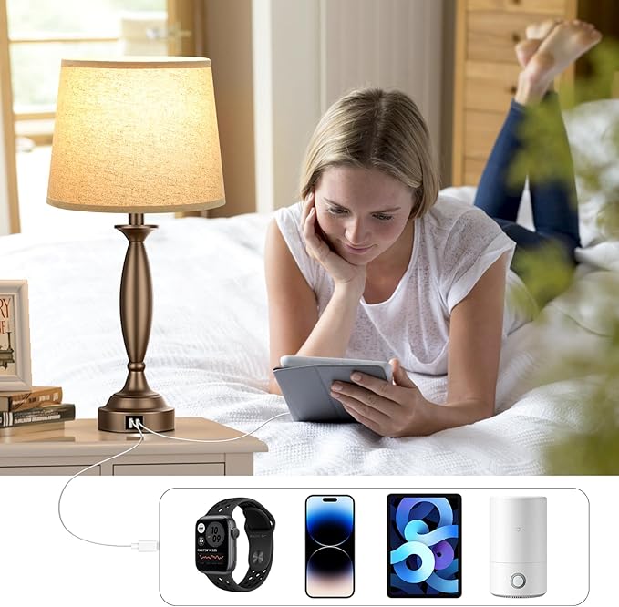 Beige Brown Lamps for Bedrooms Set of 2 - Touch Control Bedside Lamp with USB C+A, 3 Way Dimmable Nightstand Lamps with USB Port, Table Lamp for Living Room(Beige Shade and Brown Base) - Bloomnest