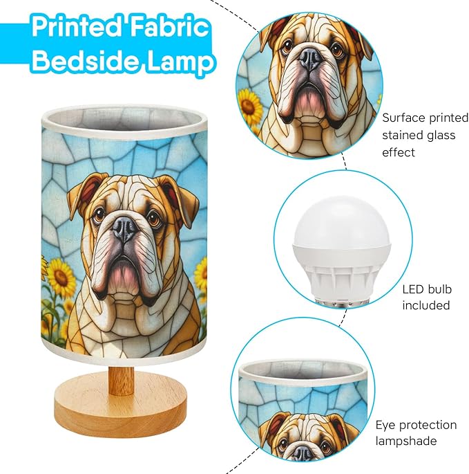 Bulldog Table Lamp LED 3-Color Pressed Bedside, Dog Shade Lamp with Wood Base for Bedroom Living Room Desk Office - Bloomnest