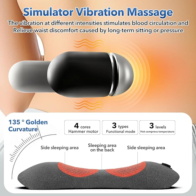 3 in 1 Rechargeable Back Massager with Heat, Height Adjustable for Bed and Chair, Electric Lumbar Support Pillow Back Massager, Relieves Deep Tissue Pain, Lumbar Wedge Cushion - Bloomnest