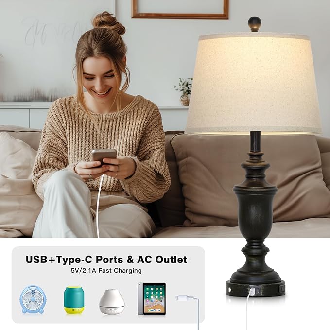 26" Black Table Lamps Set of 2 with USB C+A Ports & AC Outlet for Farmohouse Living Room Retro Bedroom,3-Way Dimmable Touch Lamp Resin Bedside Lamps for Nightstand Side End Table,Black - Bloomnest