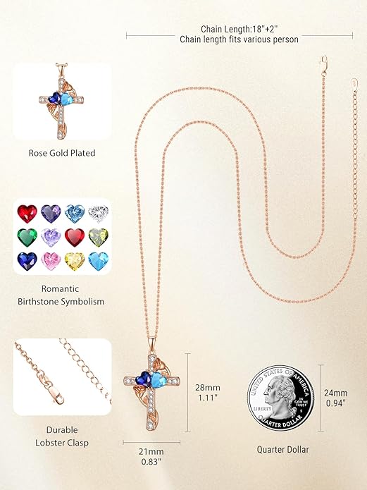 Rose Gold Dual Birthstones Cross Necklace for Women Rose Flower Jewelry Anniversary Christmas Mother's Valentine's Day Birthday Gift for Wife Girlfriend Mom - Bloomnest