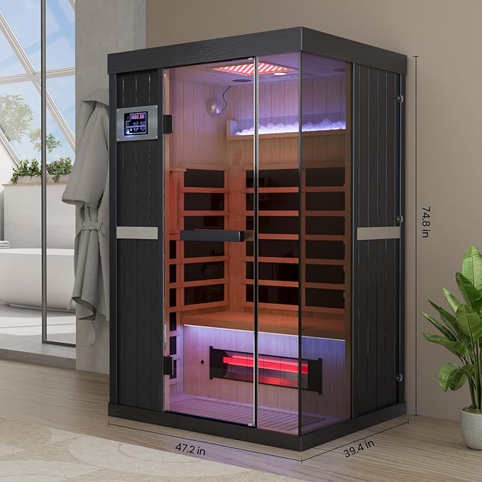 2-Person FAR Infrared Sauna for Home & Gym, Himalayan Salt Rocks Plus 12" * 12" Red Light Therapy & 2 Speakers, 1990W Canadian Hemlock Wood Indoor Dry Spa DAIMOT