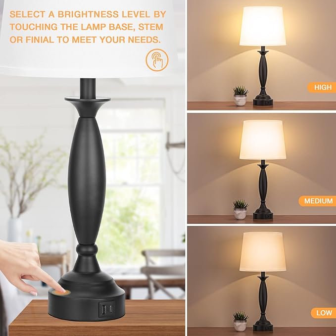 White Lamps for Bedrooms Set of 2 - Touch Control Bedside Lamp with USB C+A, 3 Way Dimmable Nightstand Lamps with USB Port, Table Lamp for Living Room(White Shade and Black Base) - Bloomnest