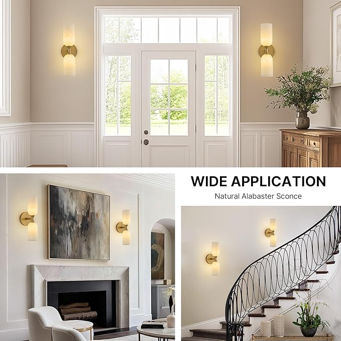 Vintage Alabaster Brass Wall Sconce: Set of 2 Antique Spanish Natural Marble Modern Vanity Wall Lights - 14" Brushed Gold Vanity Light - Indoor Sconces for Bathroom Stair Hallway Bedroom Living Room - Bloomnest