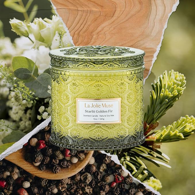 LA JOLIE MUSE Christmas Candle | Starlit Golden Fir | Fir Balsam, Cedarwood & Smoke | 12 oz Soy Candle, Double Wick | 60 Hours Clean Burn | Christmas Gift for Women & Family - Bloomnest