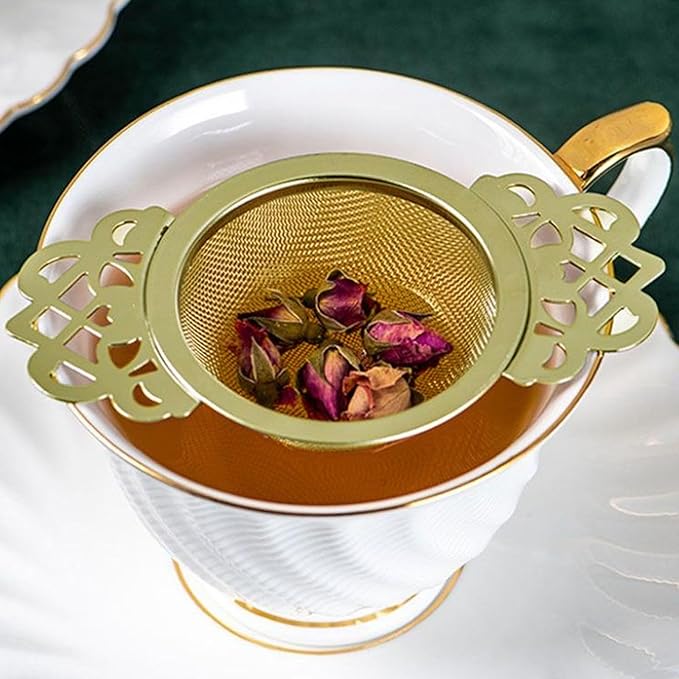 3Pcs Gold Empress Tea Strainers with Drip Bowls, Stainless Steel Mesh Tea Infuser, with Elegant Double Winged Handles for Better Experience