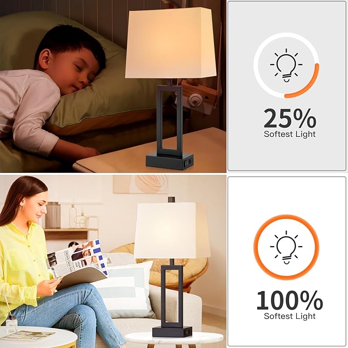 23.5" Touch Control Table Lamps Set of 2, Bedside Lamp with 2 USB Ports & AC Outlet, 3-Way Dimmable Nightstand Lamp with White Linen Shade for Living Room Bedroom End Table Office(2 LED Bulb Included) - Bloomnest