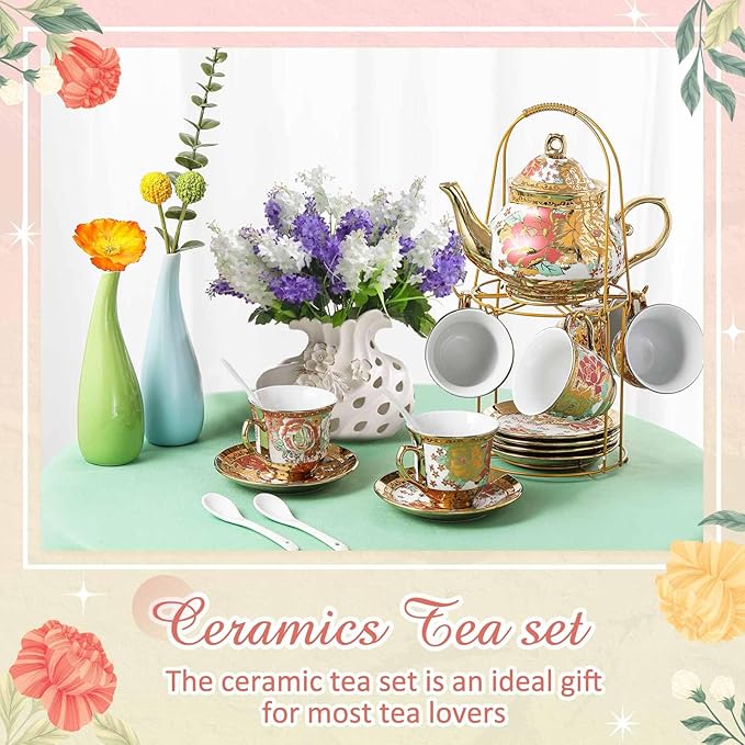 Zhehao 20 Pcs Porcelain Tea Set with Metal Holder and Spoon Adult Ceramic Tea Set European Flower Painting Teapot Cup Saucer Spoon for Women, Large Version(Stylish Style) - Bloomnest