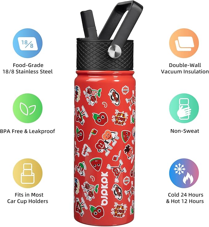 BJPKPK Insulated Water Bottle with Straw Lid, 18 oz Stainless Steel Metal Water Bottles, Reusable Leak Proof BPA Free Water Bottles, Cups, Thermo, Passionate-Red - Bloomnest