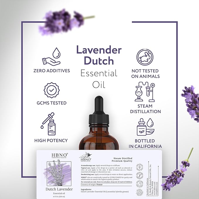 HBNO California Bottled Dutch Lavender Essential Oil 4 fl oz (120ml) - Natural Lavender Oil for Skin, Perfect for Cleaning, Aromatherapy, DIY & Diffuser - Bloomnest