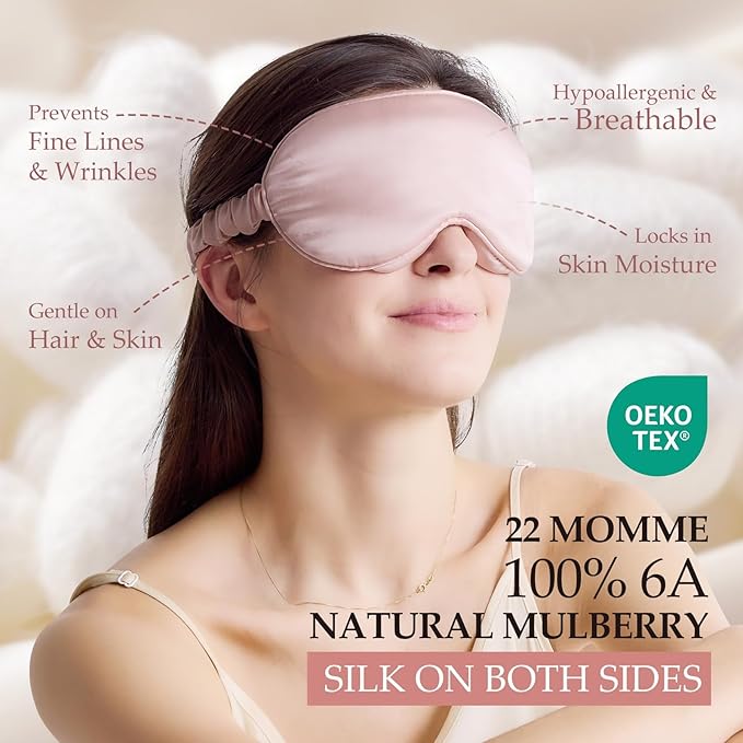 100% 22 Momme Mulberry Silk Sleep Mask with Adjustable Strap, 3D Contoured Cup Silk Eye Mask for Sleeping, Total Black Out, Pink - Bloomnest
