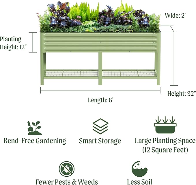 Elevated Raised Garden Bed-V Series, 2' x 6' Garden Beds with Legs & Storage Rack for Patio Porch, 1000 Lbs Weight Capacity, Outdoor Planter Boxes for Gardening Herbs Vegetables Flowers, Pearl White - Bloomnest
