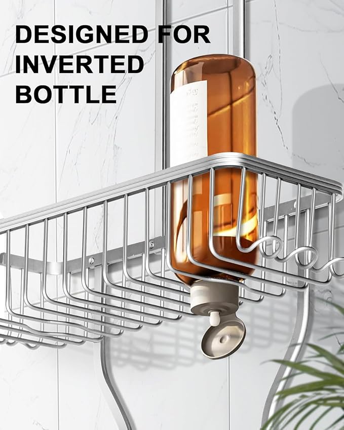 Shower Caddy Hanging - Never Rust Shower Hanging Organizer - Aluminum Over the ShowerHead Caddy with 6 Hooks for Razor/Sponge (Silver) - Bloomnest