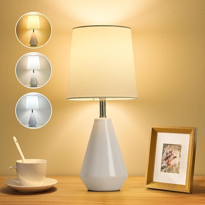 Small Bedside Table Lamp for Bedroom - Reading Desk Lamp with 3 Color Temperatures，15.5" Nightstand Ceramic Lamp with Fabric Shade for Kids Room,Living Room,Dorm,Home Office (White) - Bloomnest