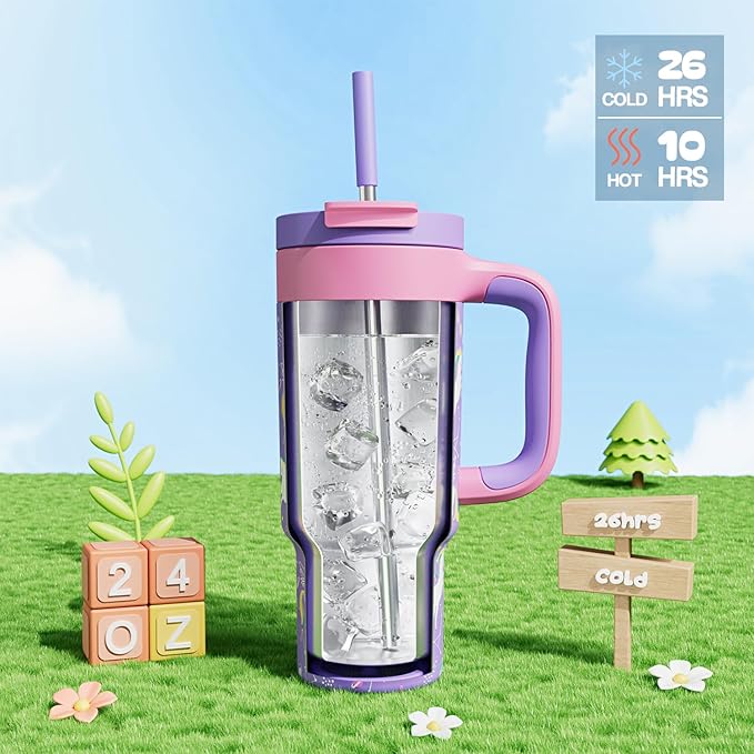 24 oz Kids Tumbler with Handle: Leakproof, Stainless Steel Cup with Straw Lid, BPA-Free, Insulated Water Bottle for School, Travel, Gift, Daycare, Home, Picnic, Outdoor Activities (Starlight Unicorn) - Bloomnest