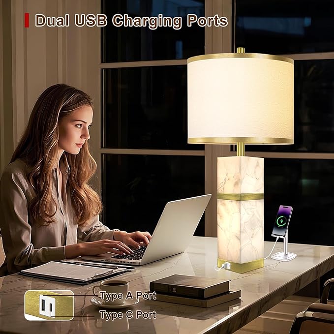 Natural Alabaster Table Lamps Set of 2 - Table Lamp with Night Light for Bedroom,Nightstand Lamps with USB Ports,Bedside Lamps with Linen Fabric Shade for Living Room,Bedroom,Office,Bar(Bulb Included) - Bloomnest