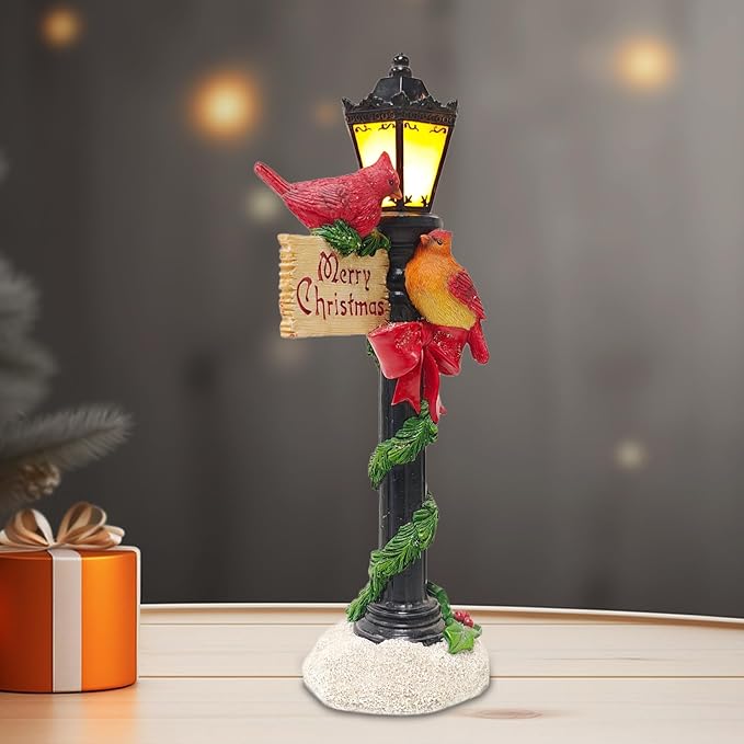 Red Cardinals on Christmas Lamp Post - Battery Powered LED Lighted Bird Sculpture - Holiday Home Decor Gift - Bloomnest