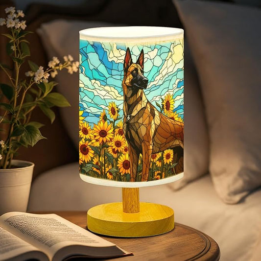 Belgian Malinois Table Lamp LED 3-Color Pressed Bedside, Dog Shade Lamp with Wood Base for Bedroom Living Room Desk Office - Bloomnest