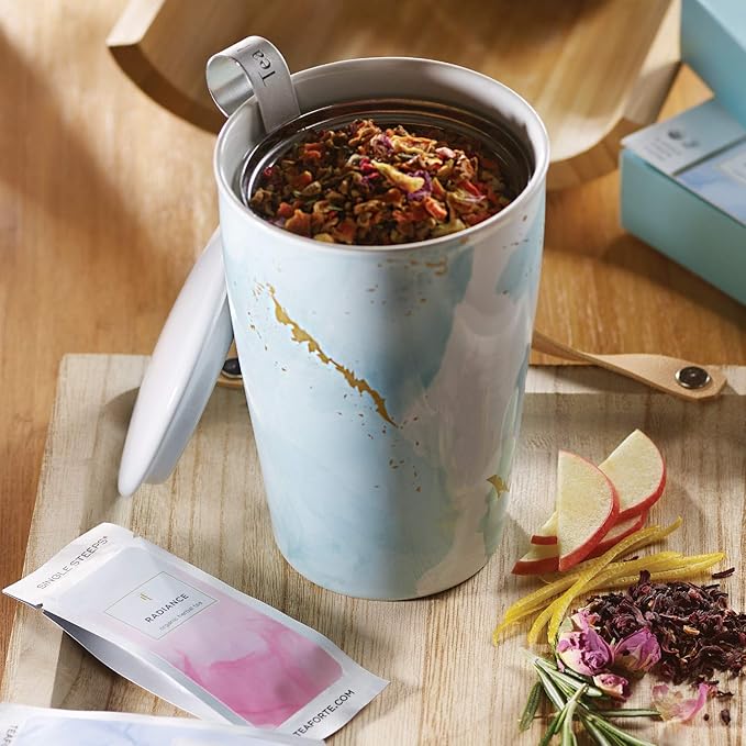 Tea Forte Double-Walled Ceramic Kati Cup, Removable Stainless Steel Infuser Basket and Lid, Steeps 12 oz Loose Leaf Tea, Dishwasher & Microwave Safe, Wellbeing - Bloomnest