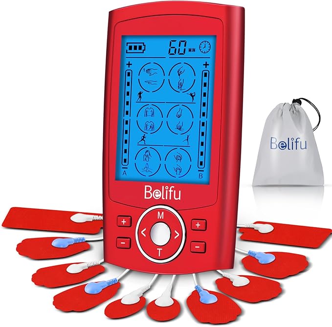 Belifu Dual Channel TENS EMS Unit 24 Modes Muscle Stimulator for Pain Relief Therapy, Electronic Pulse Massager Muscle Massager with 10 Pads, Dust-Proof Drawstring Storage Bag, Fastening Cable Ties Belifu