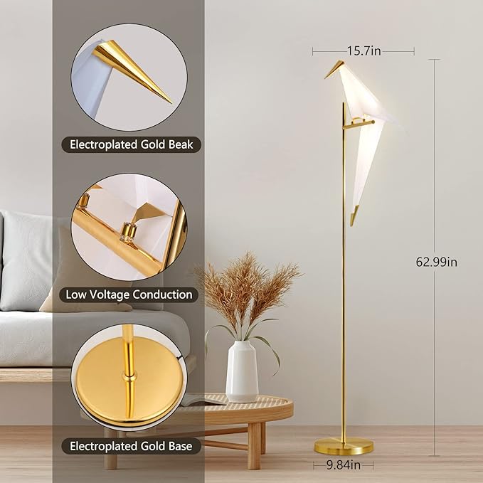 MORE CHANGE 62-Inch Modern Bird Floor Lamp, Origami Bird Lamp Gold Standing Lamp with Birds Shade Swing Paper Crane Floor Light Fixtures for Living Room Bedroom Office - Bloomnest