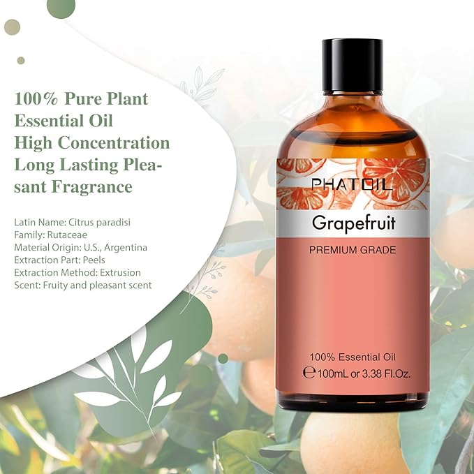 PHATOIL 3.38FL.OZ Grapefruit Essential Oil with Glass Dropper, for Aromatherapy Diffusers, Humidifiers, Great for DIY Candle and Soap Making, Huge 100ML Bottle PHATOIL