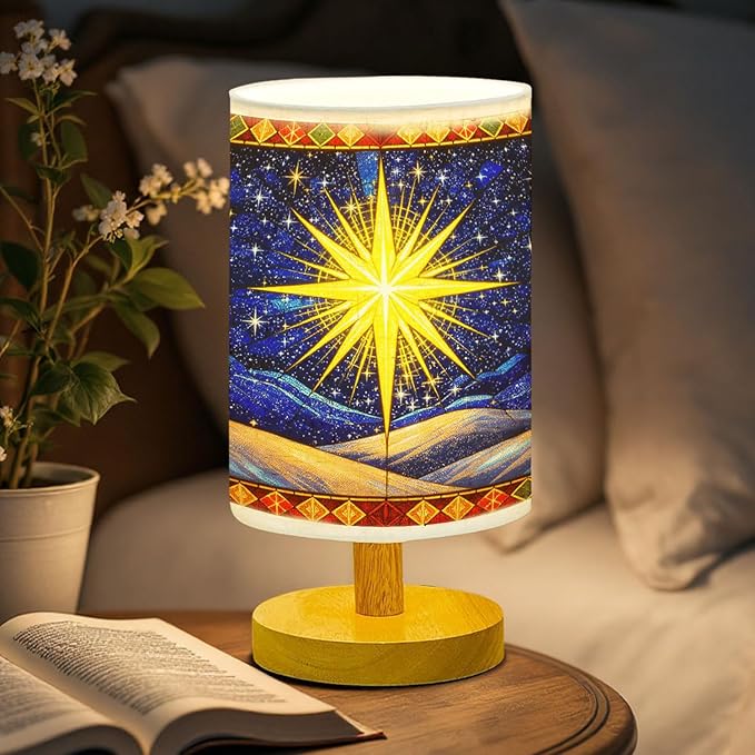 Star Christmas Table Lamp LED 3-Color Pressed Bedside, Star Christmas Shade Lamp with Wood Base for Bedroom Living Room Desk Office - Bloomnest