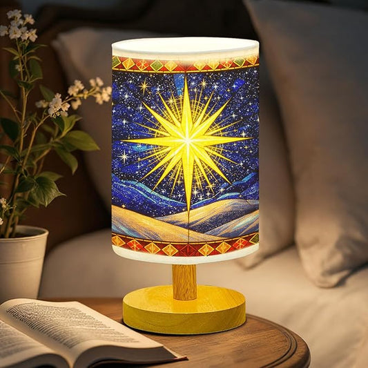 Star Christmas Table Lamp LED 3-Color Pressed Bedside, Star Christmas Shade Lamp with Wood Base for Bedroom Living Room Desk Office - Bloomnest