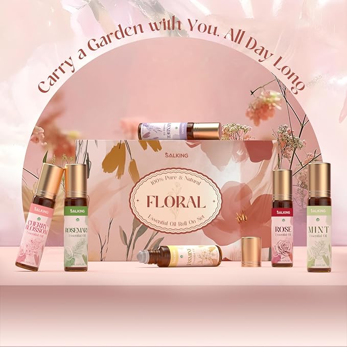 SALKING Essential Oils Roll On Set with Dried Flowers(6 Pack), Aromatherapy Oil with Roller Ball for Skin Use, Natural Fragrance Gift - Rose, Lavender, Cherry Blossom, Jasmine, Mint, Rosemary - Bloomnest