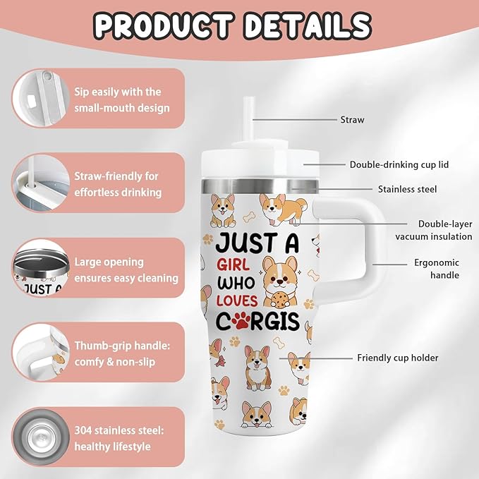 Corgi Gifts - 14 Oz Cartoon Kids Corgi Tumbler with Handle and Straw, Stainless Steel Insulated Water Bottle, for Boys Girls, School, Travel - Funny Dog Themed Children Birthday Gift Cup(1pc) - Bloomnest